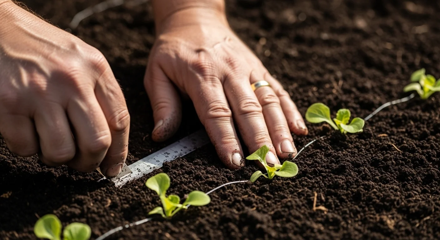 Gardener hands planting transplants at exact spacing from plant spacing calculator