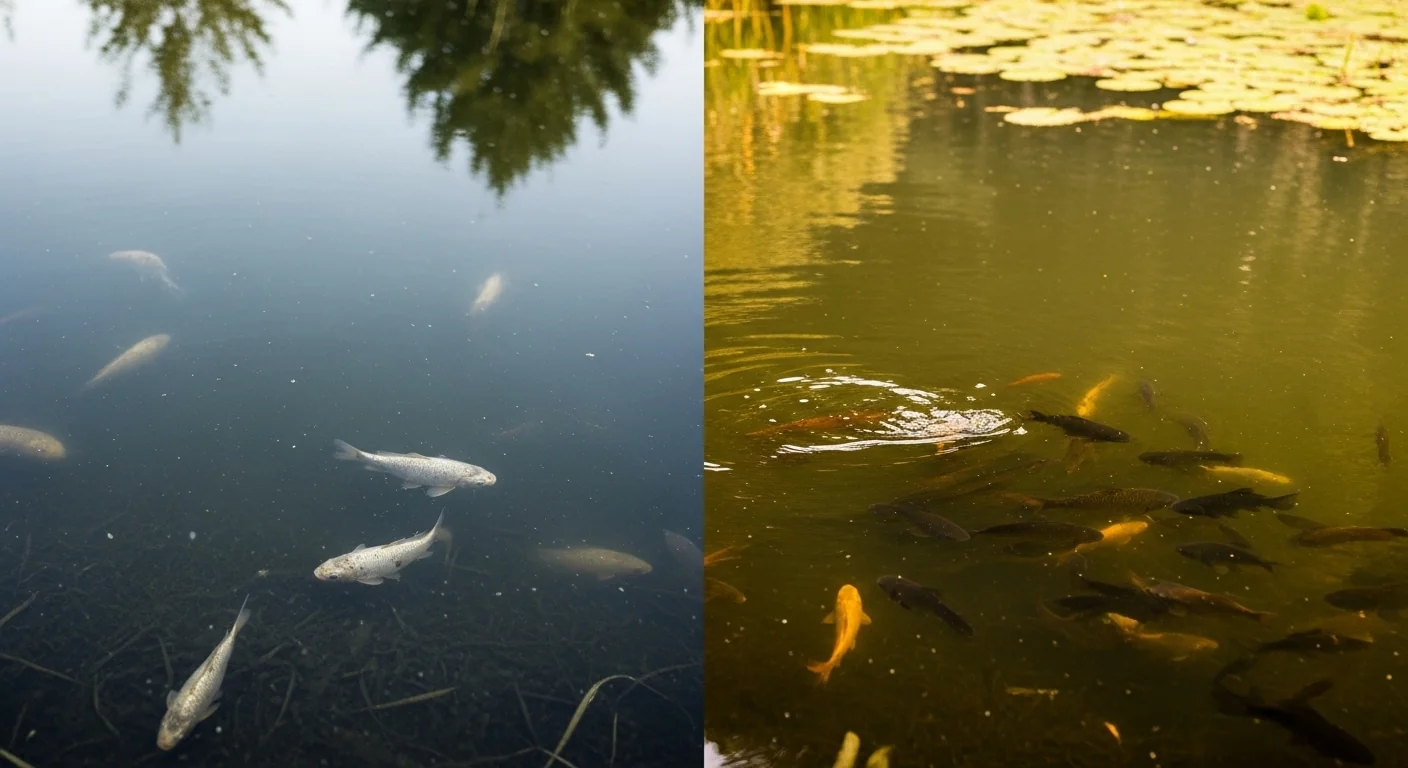 Pond aeration calculator showing dead fish risk versus healthy oxygenated pond