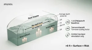 Pond aeration calculator logic showing CFM per acre-foot, turnover scaling, and 8 ft stratification threshold