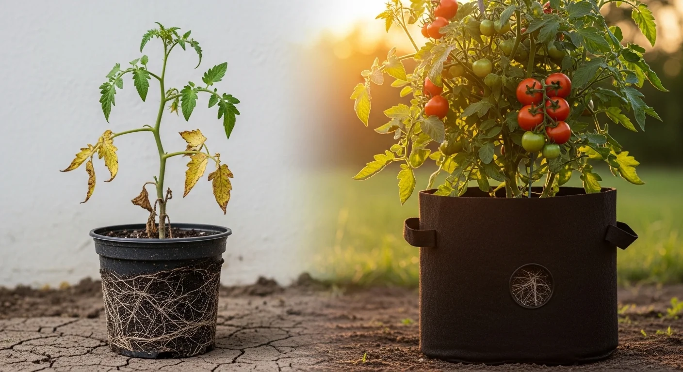 Pot size calculator before and after — stunted tomato in tiny pot vs thriving harvest in correct container