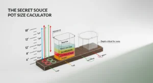 Pot size calculator logic showing volume and depth requirements for different vegetables