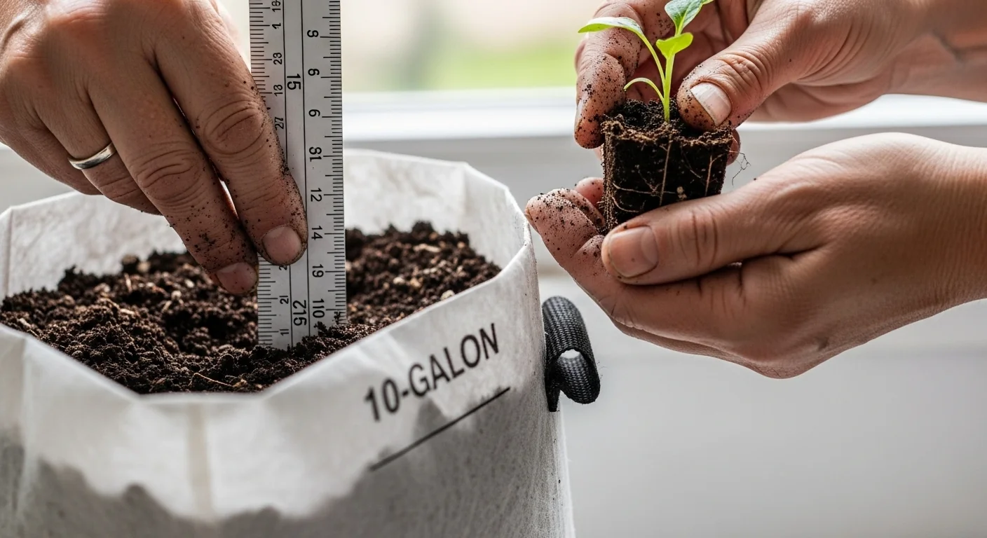 Using the pot size calculator output to verify soil depth in a grow bag before planting
