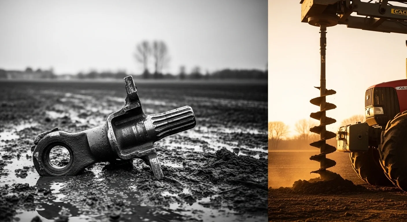 A split screen comparing a snapped PTO shaft against a safe PTO auger torque calculator operation.