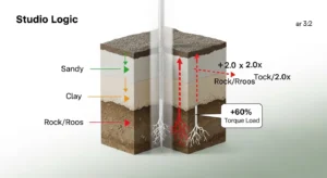 Technical diagram showing how soil resistance factors multiply force in the PTO auger torque calculator.