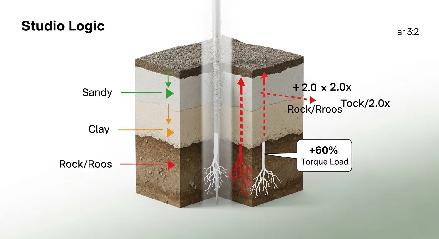 Technical diagram showing how soil resistance factors multiply force in the PTO auger torque calculator.