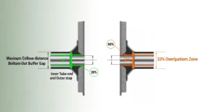 PTO shaft length calculator diagram explaining 2-inch bottom-out buffer and 33% overlap safety rule