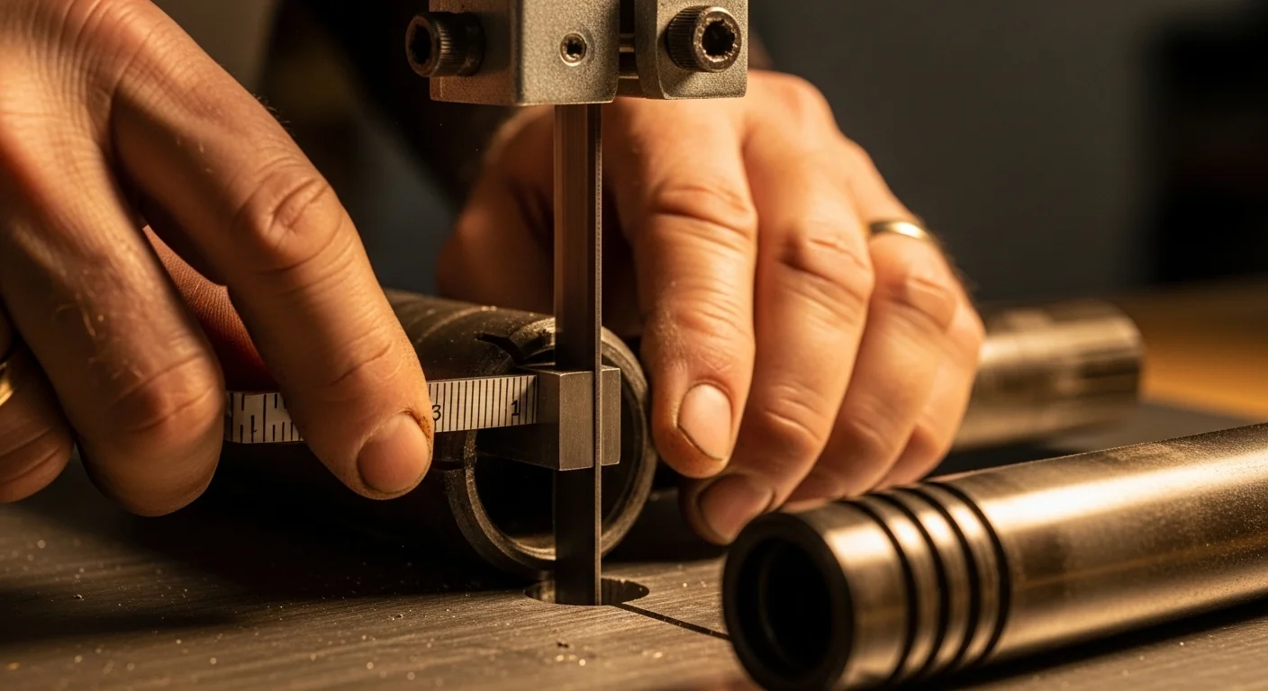 PTO shaft length calculator result applied — hands cutting tube to exact safe length