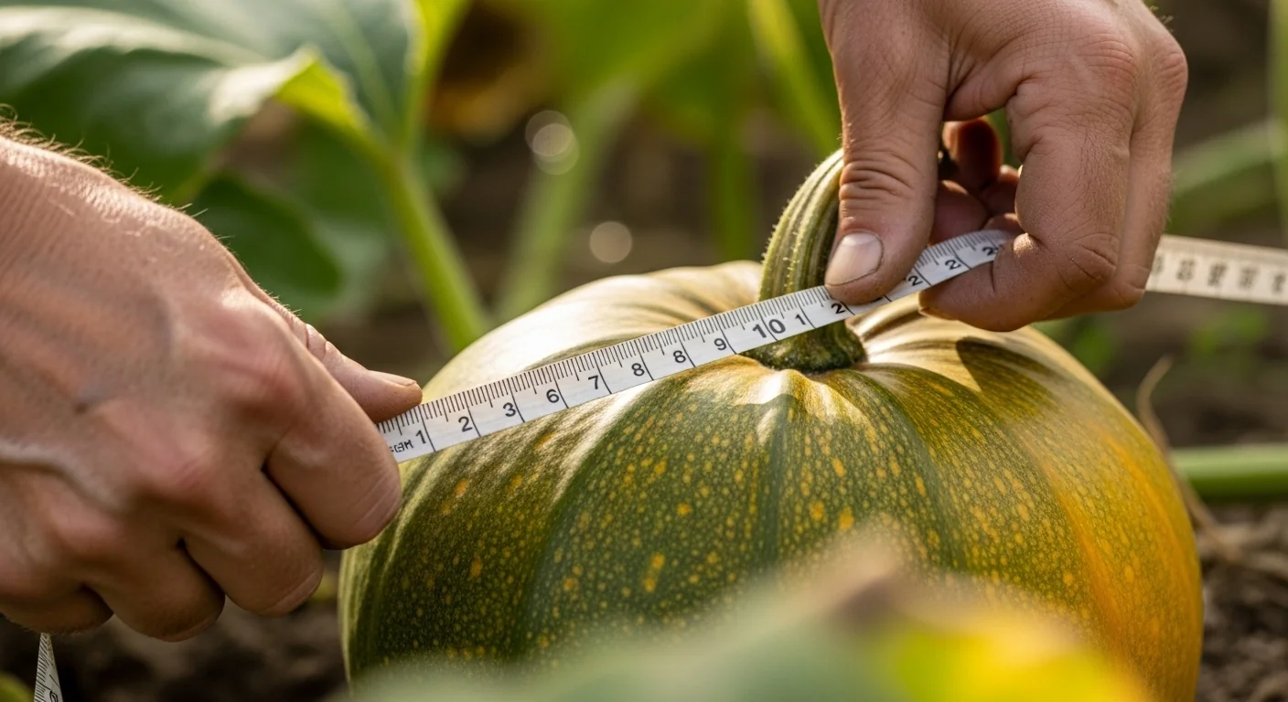 Gardener measuring over-the-top on giant pumpkin for weight estimator calculation