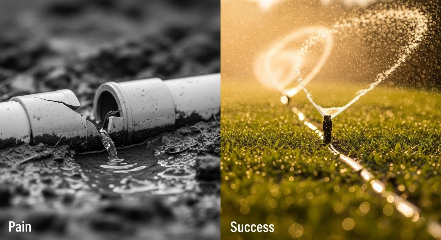 Split screen showing a cracked PVC pipe versus a healthy flourishing garden system.