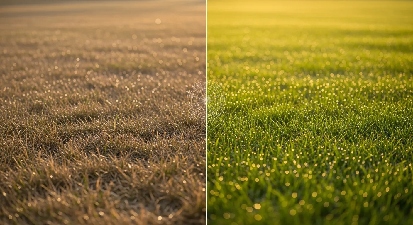 Brown dying lawn versus vibrant green healthy lawn split view showing phantom drought risk