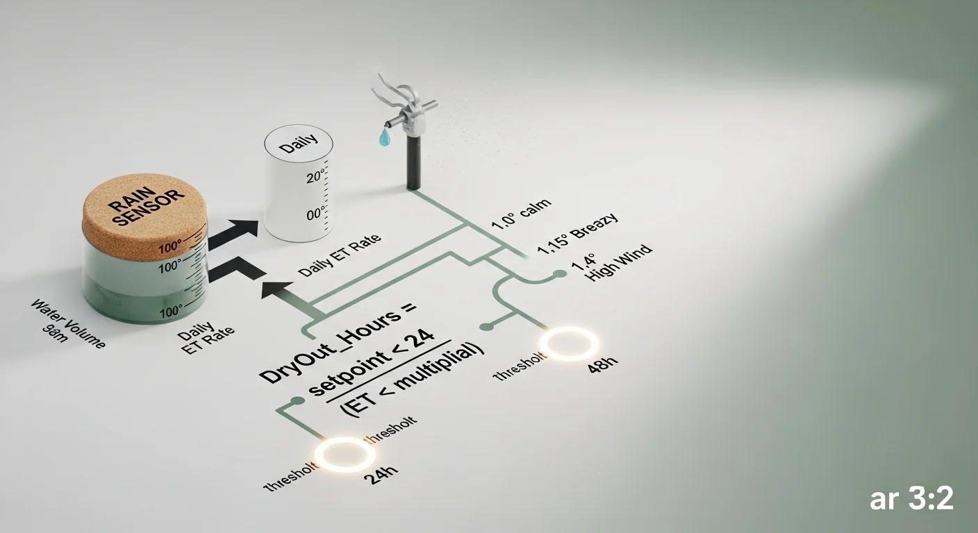 3D diagram showing rain sensor setpoint divided by ET rate and wind multiplier to calculate dry-out hours