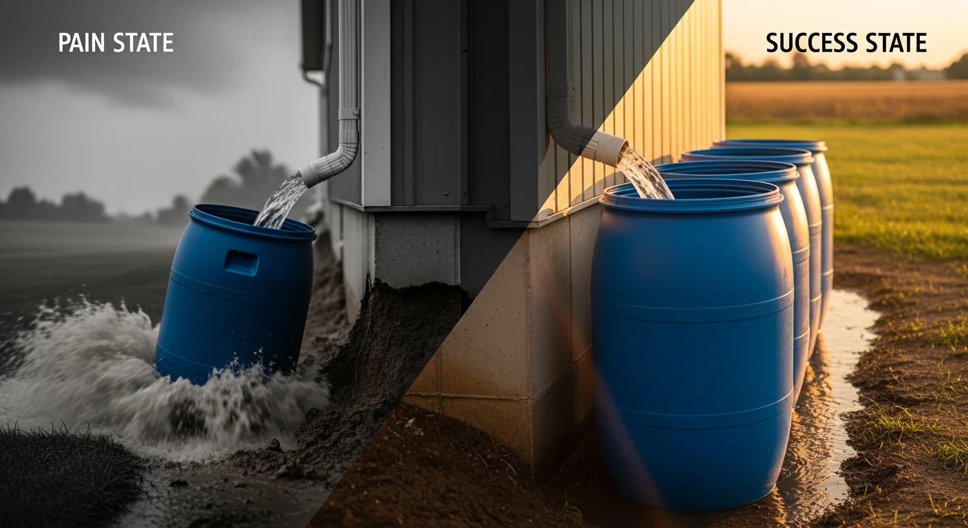 Side-by-side comparison of an overflowing rain barrel versus a correctly sized multi-barrel system.