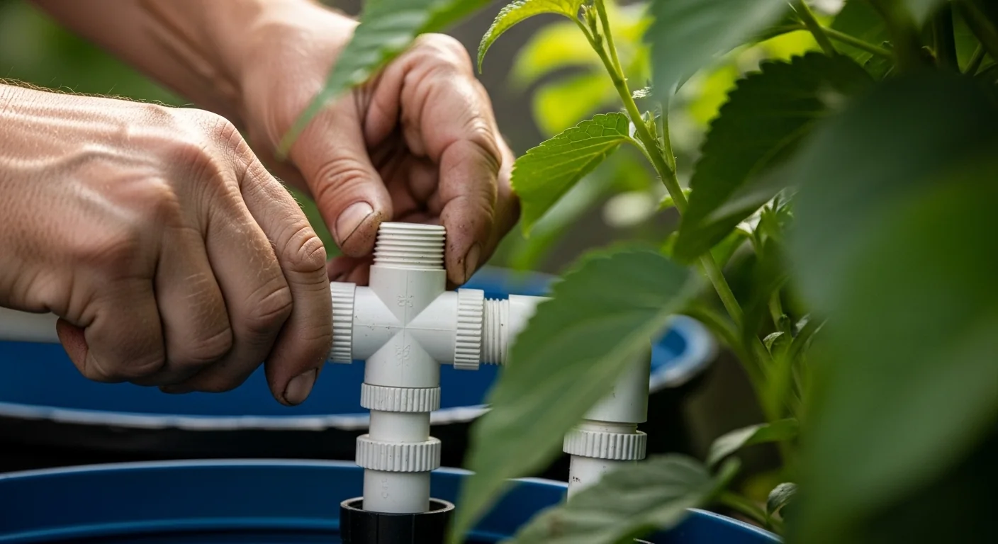 Hands connecting multiple rain barrels to increase storage capacity based on calculator results.