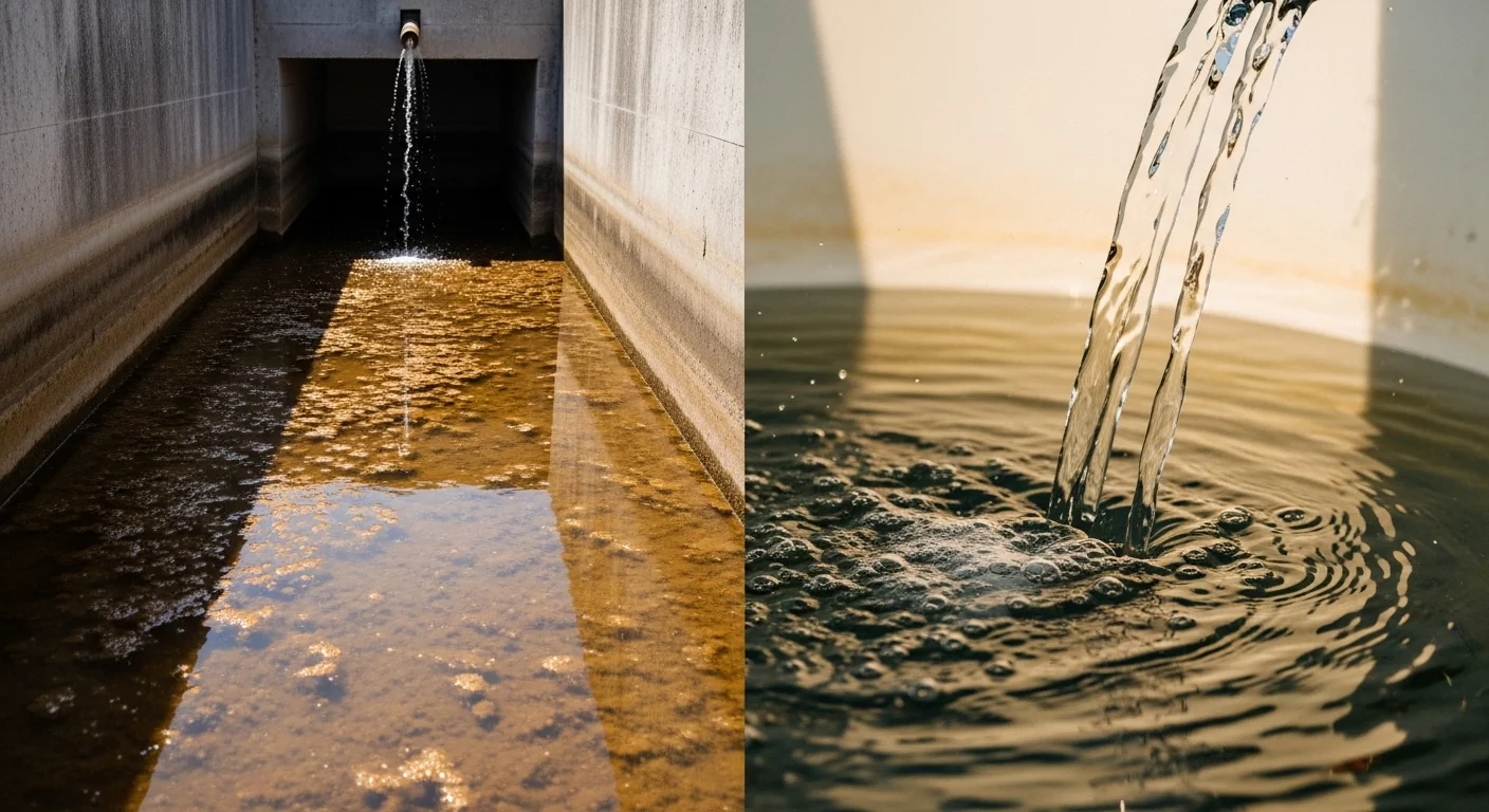 A split screen comparing contaminated cistern water versus clean yield from a Rainwater Harvesting Calculator.