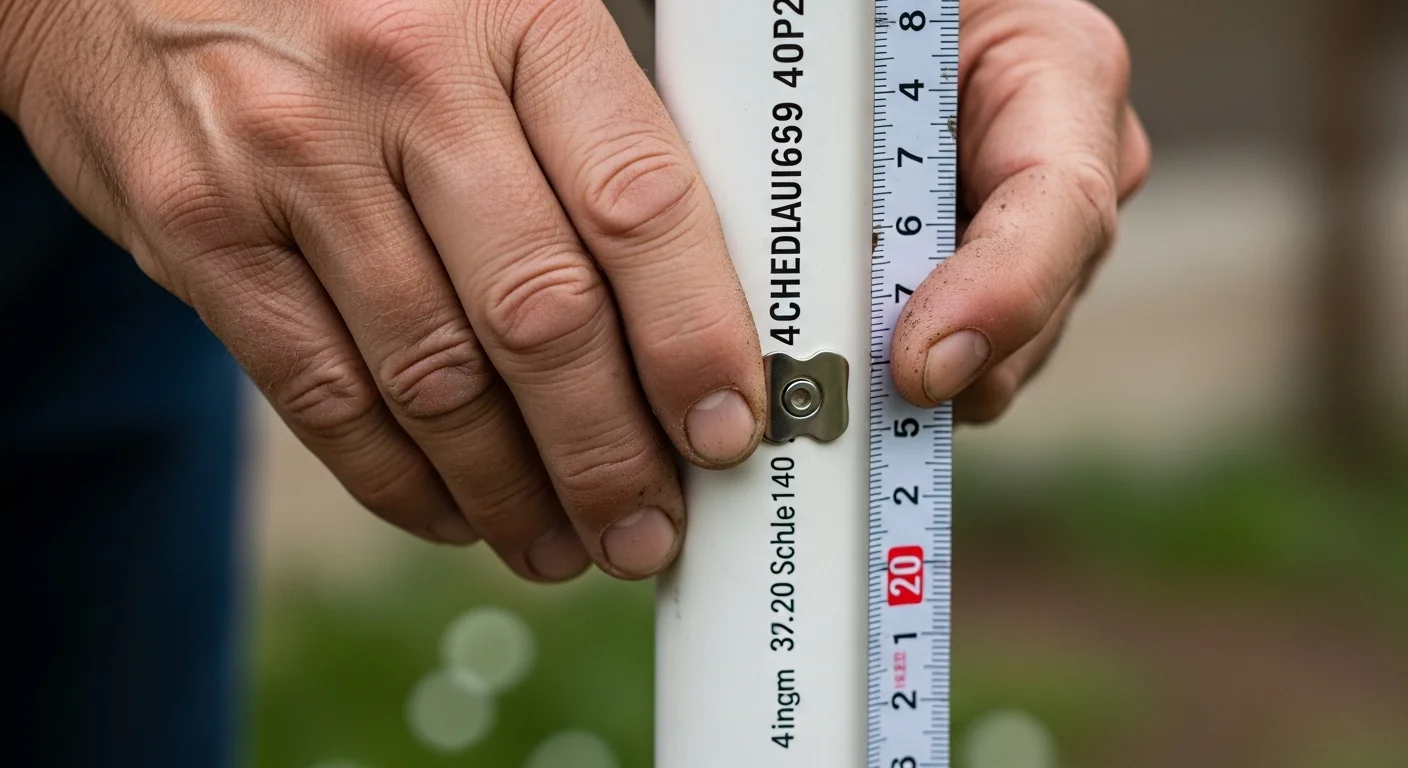 Gardener measuring PVC pipe for a first flush diverter using a Rainwater Harvesting Calculator.