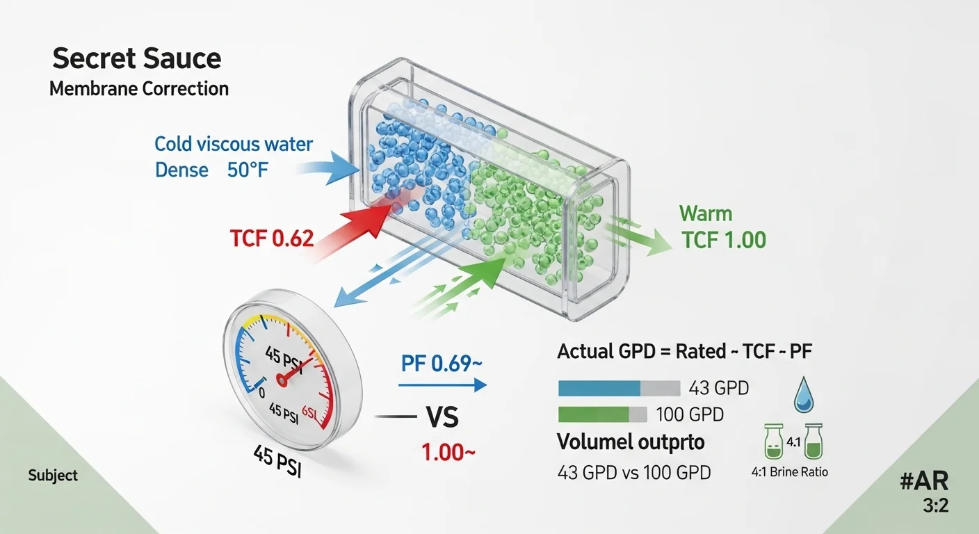 RO membrane flux calculator diagram showing temperature correction factor and pressure multiplier on actual GPD