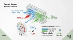 RO membrane flux calculator diagram showing temperature correction factor and pressure multiplier on actual GPD