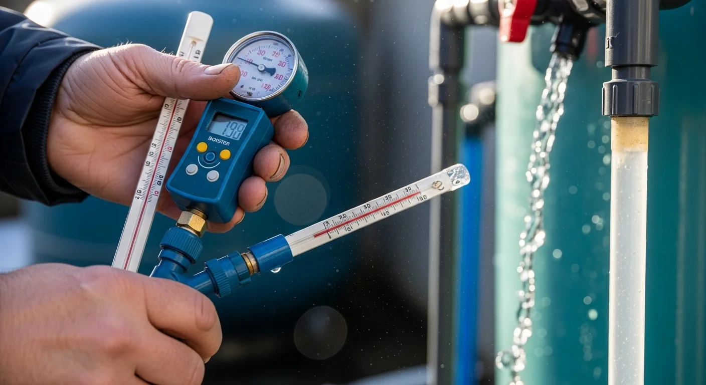 Gardener measuring real feed temperature and pressure for RO membrane flux calculator to verify actual output