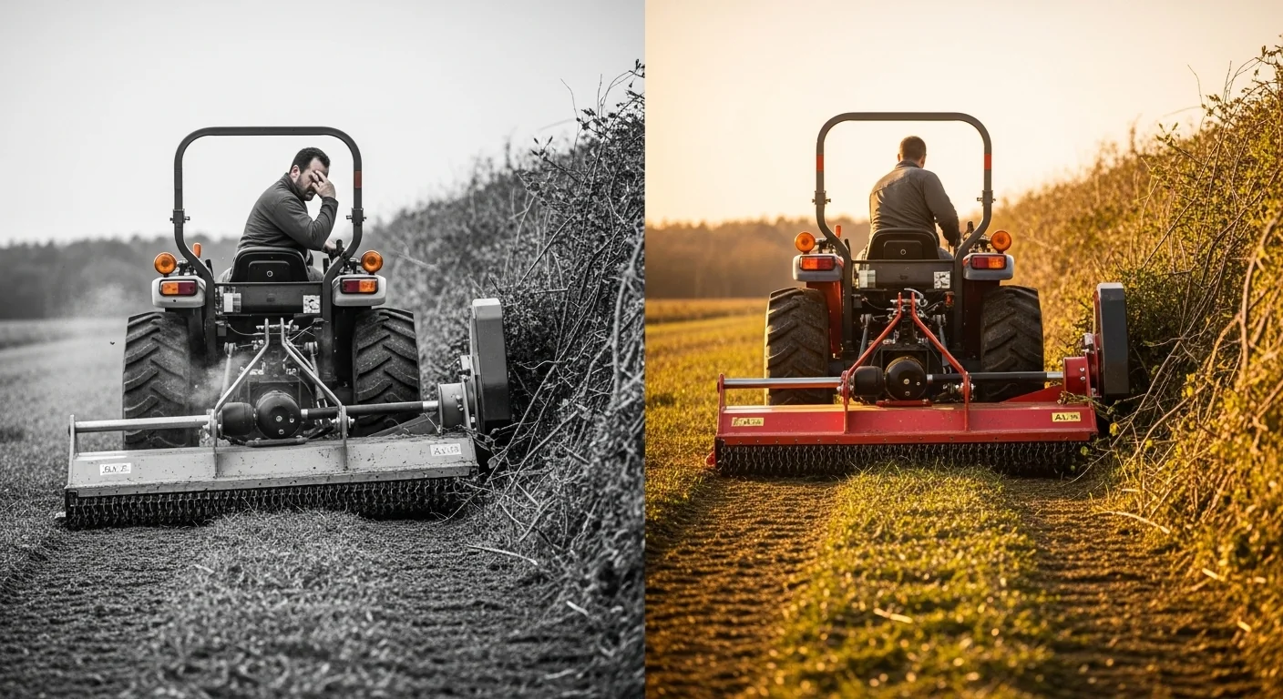 Rotary cutter size calculator showing stalled tractor vs clean successful cut in heavy brush