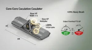 Rotary cutter size calculator secret sauce showing 5 HP per foot formula plus 20% heavy brush adjustment and PTO ratio gauge