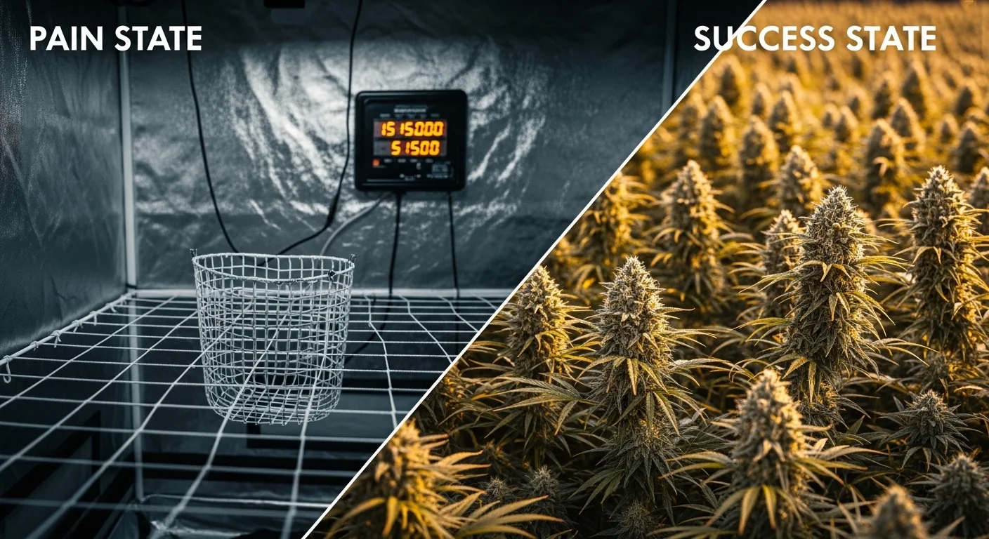 Split screen comparing high electricity waste versus an efficient Sea of Green Calculator harvest result.