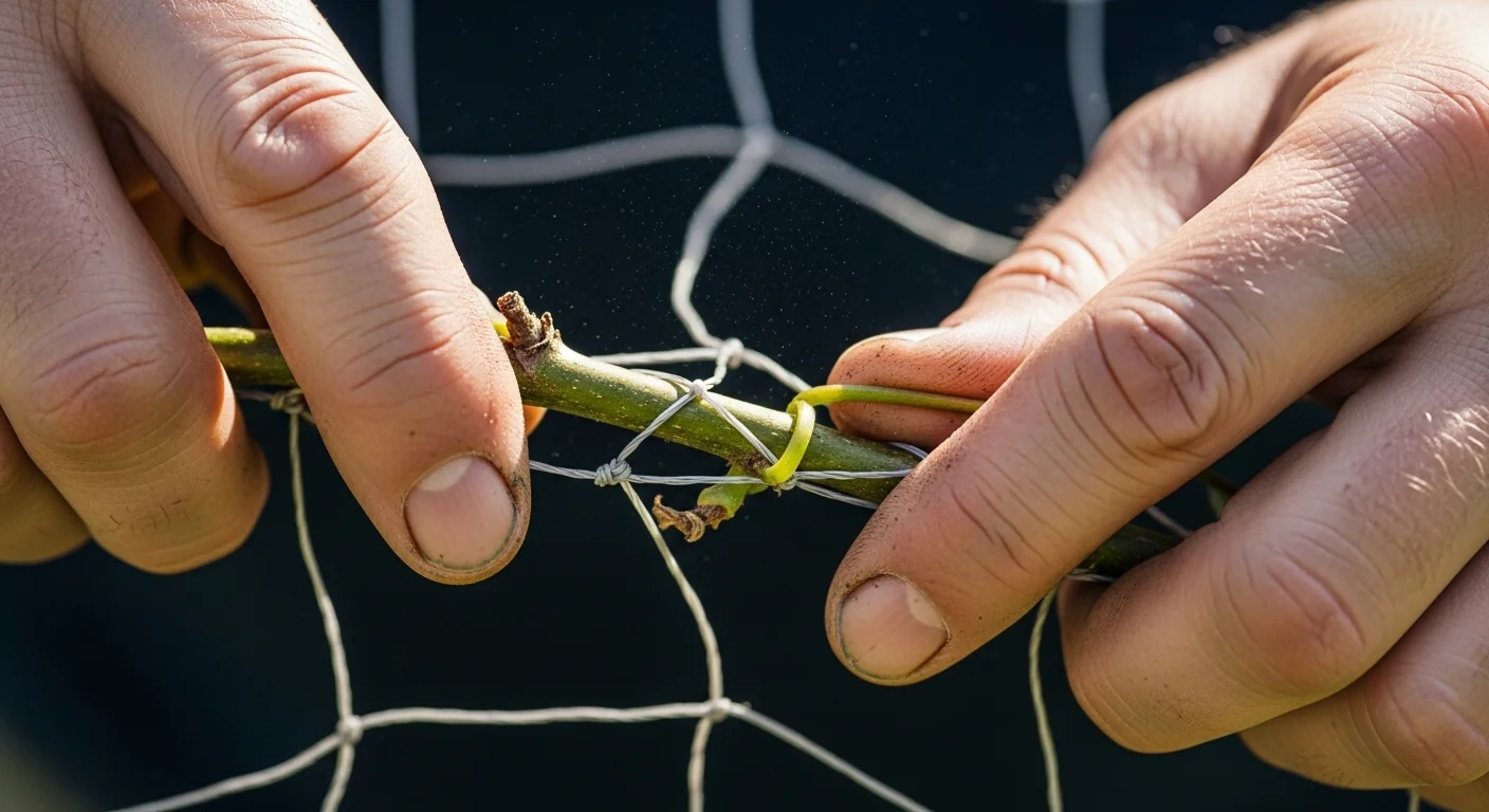 Close up of hands training a plant through a net following Sea of Green Calculator outputs.