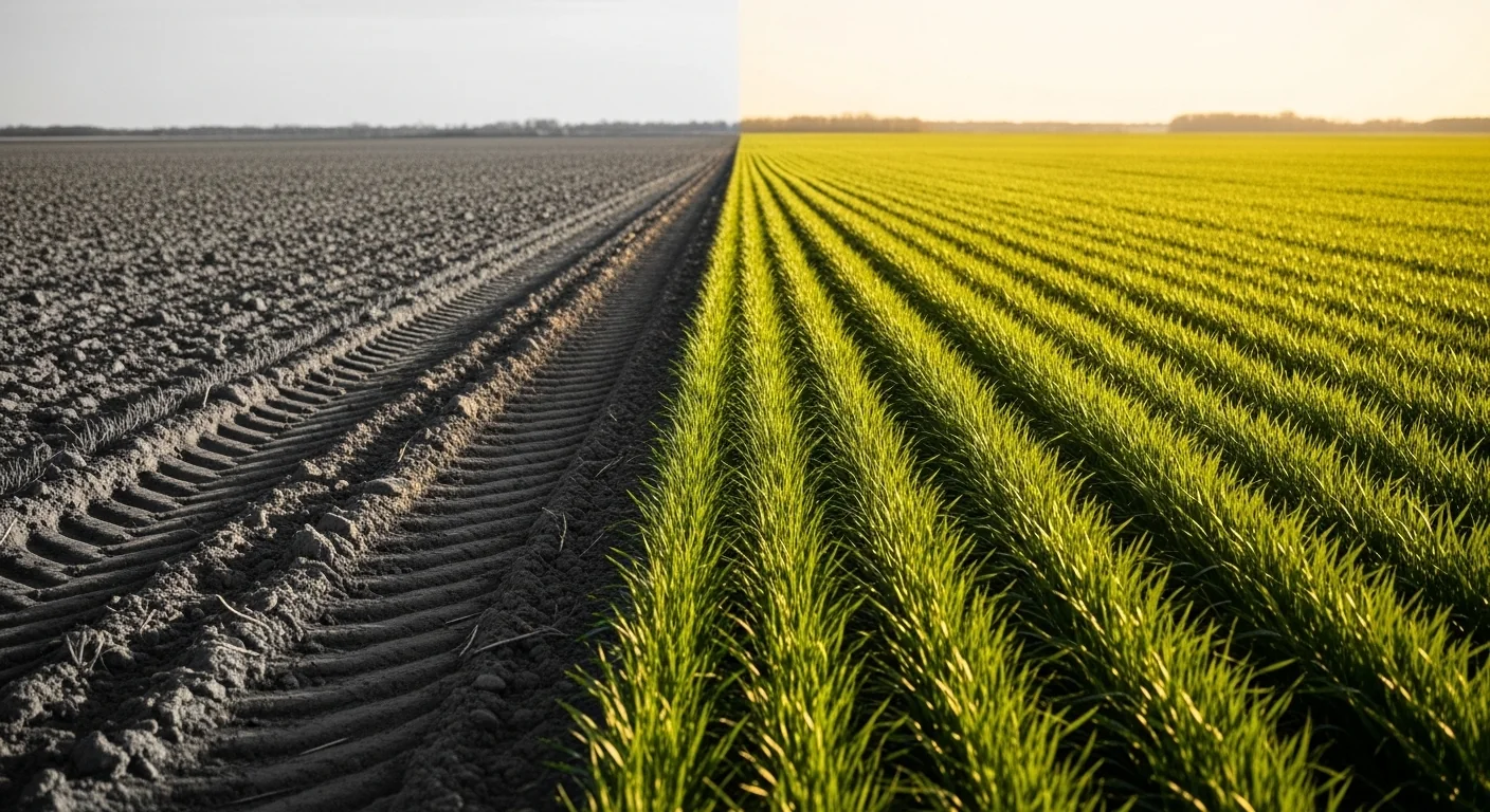 Seed drill calibration calculator showing thin patchy stand versus uniform healthy wheat field