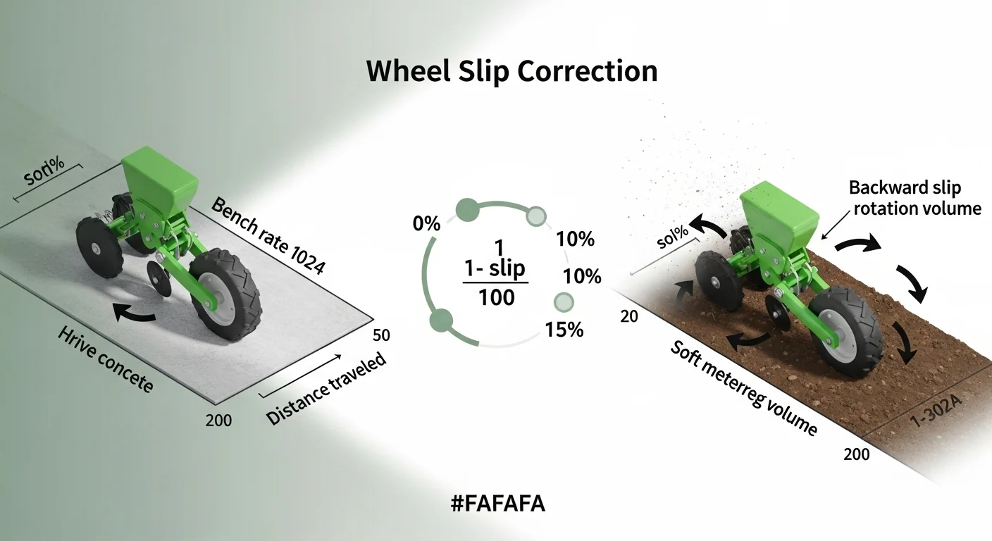 Seed drill calibration calculator diagram explaining wheel slip correction math