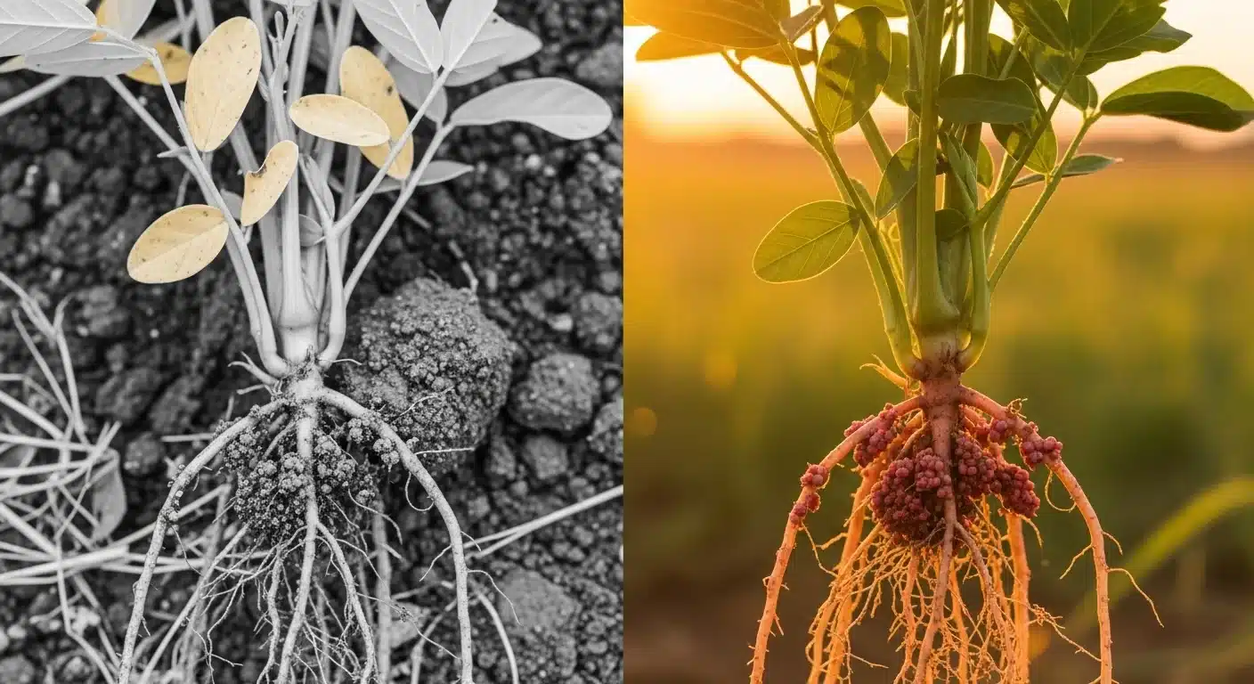 Comparison of nitrogen-starved legume roots versus healthy nodulated roots using Seed Inoculant Application Rate Calculator.