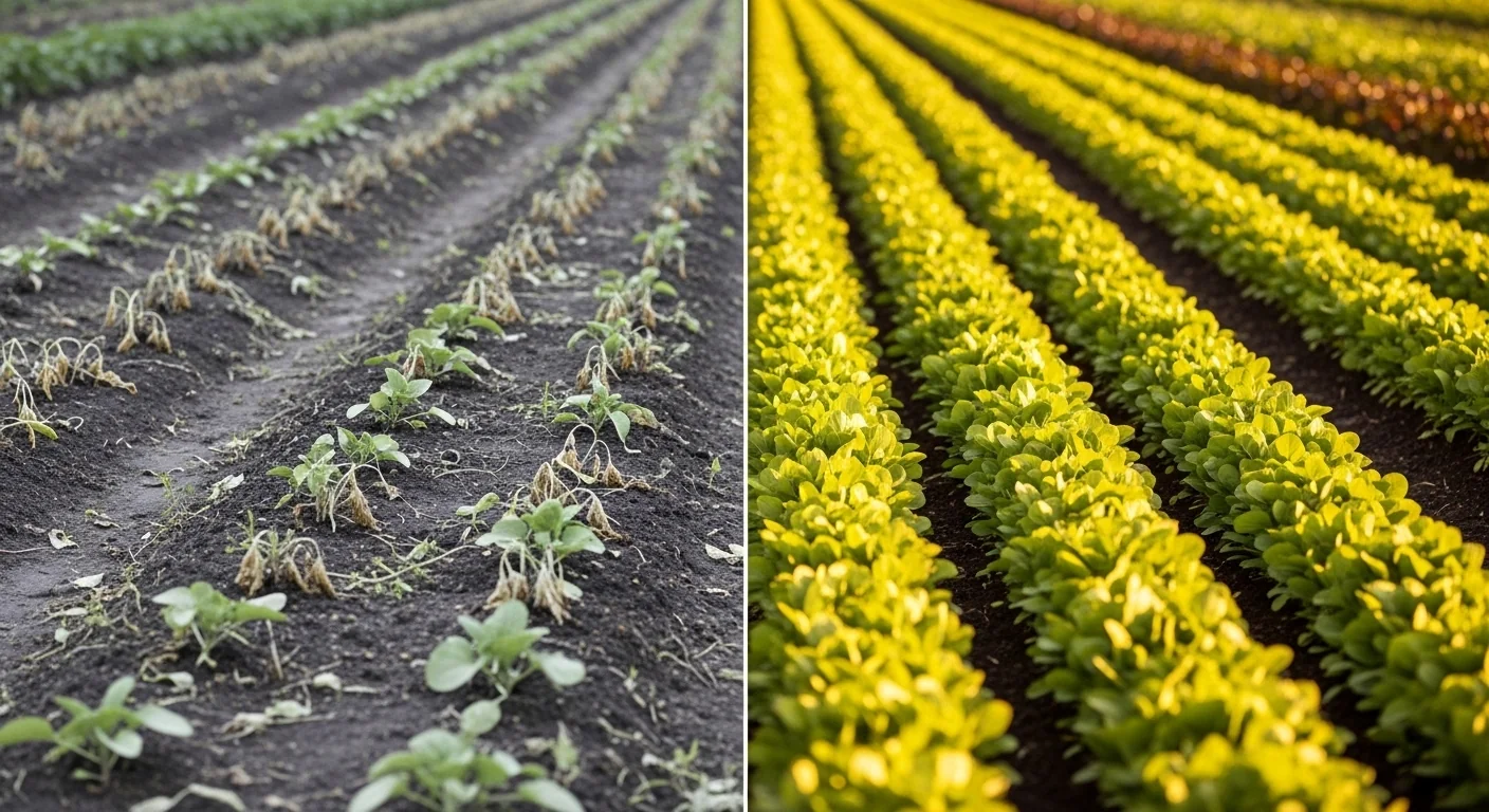 Seed packet calculator showing patchy failed row versus lush successful planting