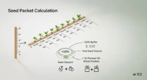 Seed packet calculator visualizing base seeds, 20% germination buffer, and packet rounding