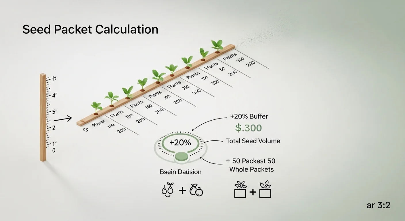 Seed packet calculator visualizing base seeds, 20% germination buffer, and packet rounding