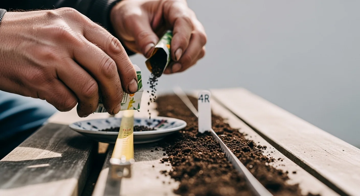 Gardener hands using seed packet calculator results to sow accurate row quantity