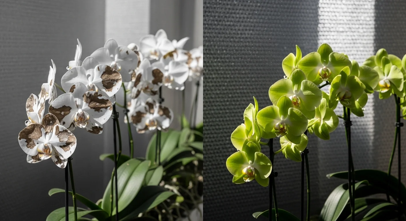 Side-by-side comparison of heat-damaged orchids versus healthy plants protected by a Greenhouse Shade Cloth Calculator.