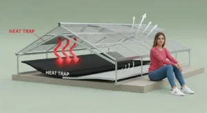 3D diagram showing the thermodynamic difference between internal and external placement using a Greenhouse Shade Cloth Calculator.