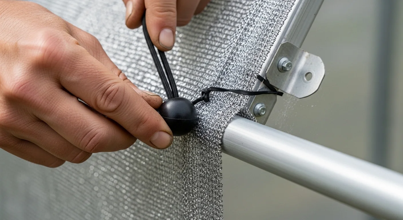 Close-up of gardener hands installing reflective mesh secured by the Greenhouse Shade Cloth Calculator results.