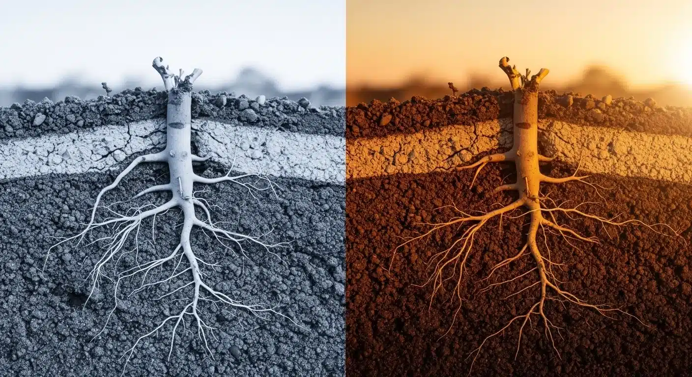 A Soil Bulk Density Calculator comparison showing stunted roots in compacted soil versus deep roots.