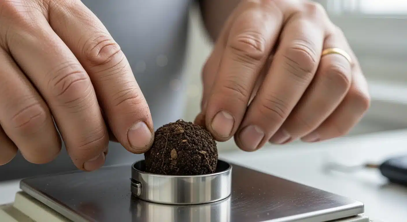 Gardener extracting a soil core sample to use in a Soil Bulk Density Calculator.