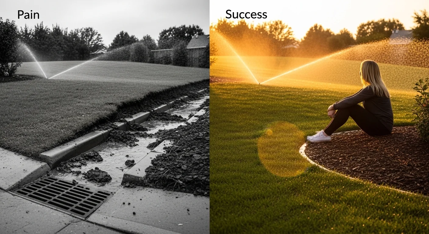 A side-by-side comparison showing muddy erosion vs healthy absorption using a Soil Infiltration Rate Calculator.