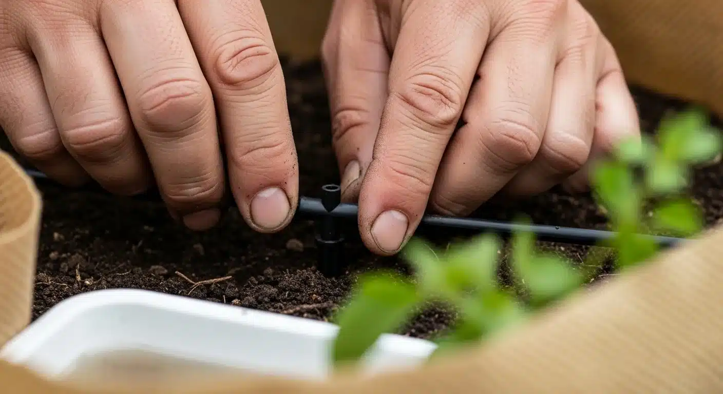 Weathered hands adjusting drip irrigation emitter with drainage water collected below soil leaching requirement