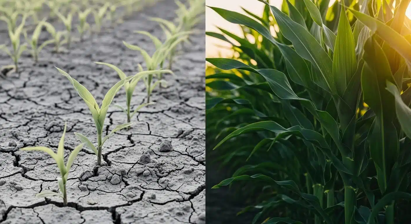Side-by-side comparison of nitrogen-deficient stunted crops and healthy green plants using SOM Nitrogen Mineralization Calculator.