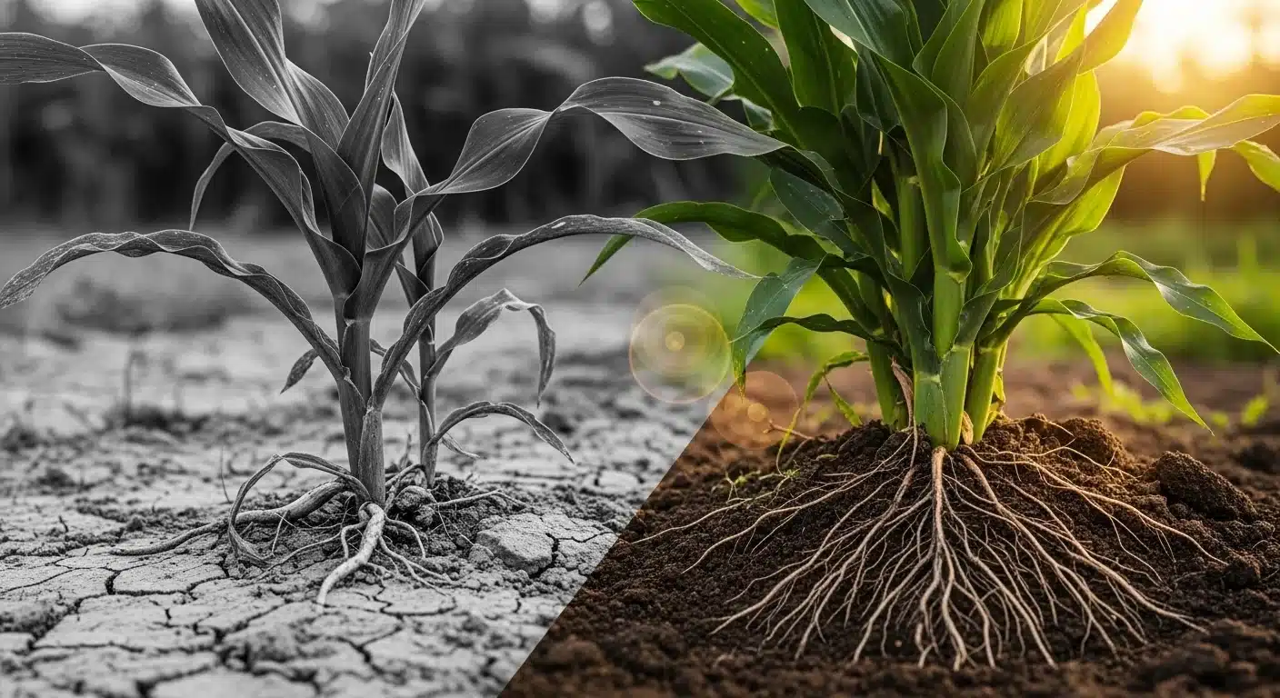 A split comparison showing purple phosphorus-deficient leaves versus healthy green foliage using a Phosphorus Fixation Calculator.
