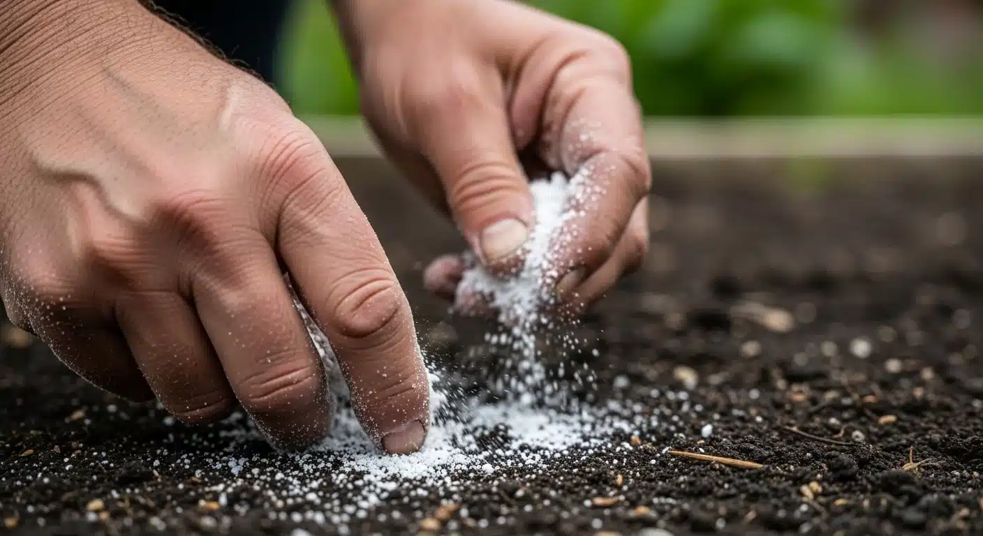 Close-up of gardener's hands applying lime to correct pH and improve phosphorus availability.