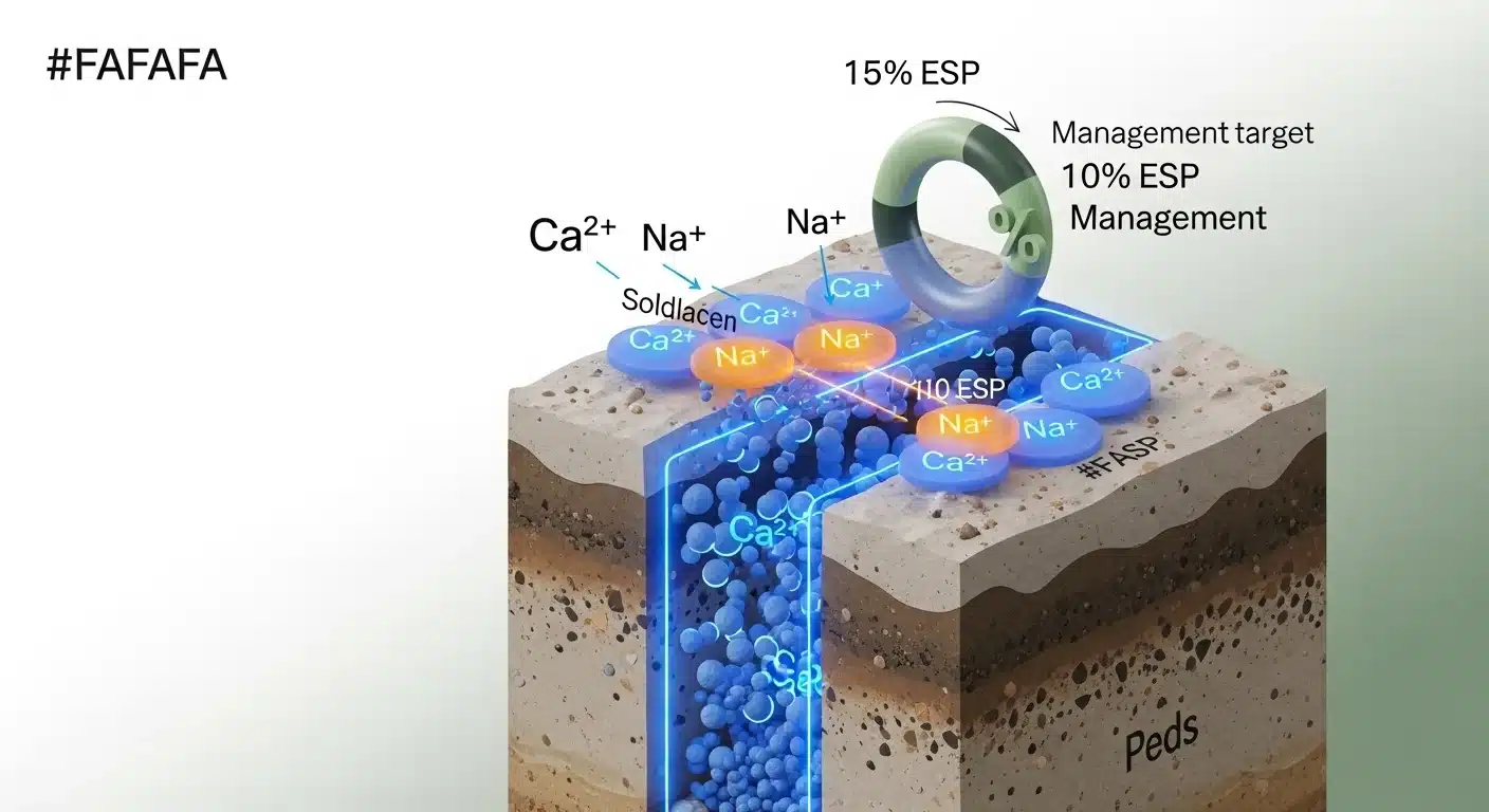 3D diagram showing Calcium displacing Sodium on clay platelets to reach a 10% ESP.