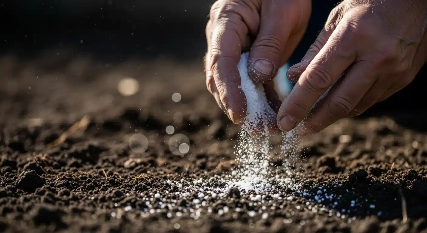 Gardener spreading calculated agricultural gypsum rate on soil to fix sodium adsorption ratio.