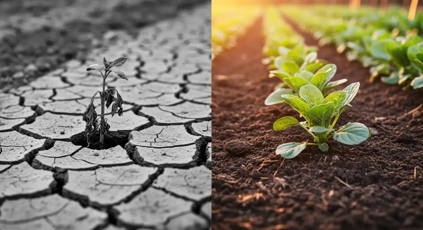 Side-by-side comparison of wilting plants in cracked clay versus thriving crops in loam.