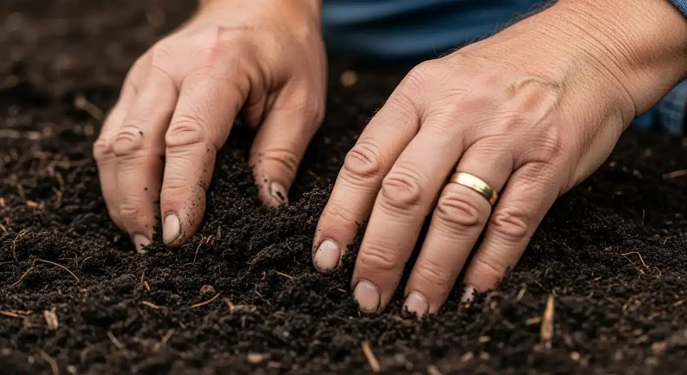 Gardener hands mixing calculated compost volume into heavy soil for USDA classification improvement.