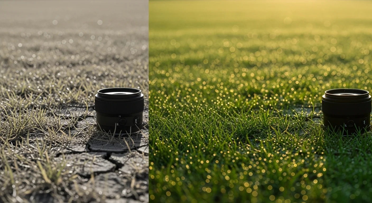 Side-by-side comparison of a dry, cracked lawn versus a healthy green lawn.