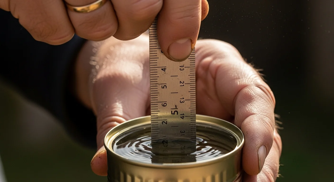 Close-up of a gardener measuring water in a tuna can with a ruler.