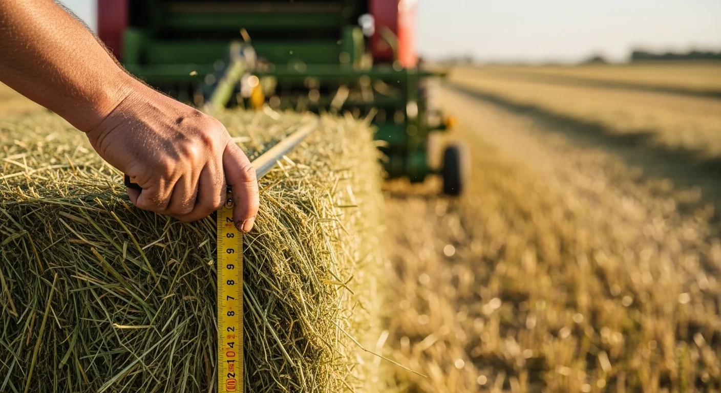 Farmer hand measuring flakes in a square bale after using plunger strokes calculator